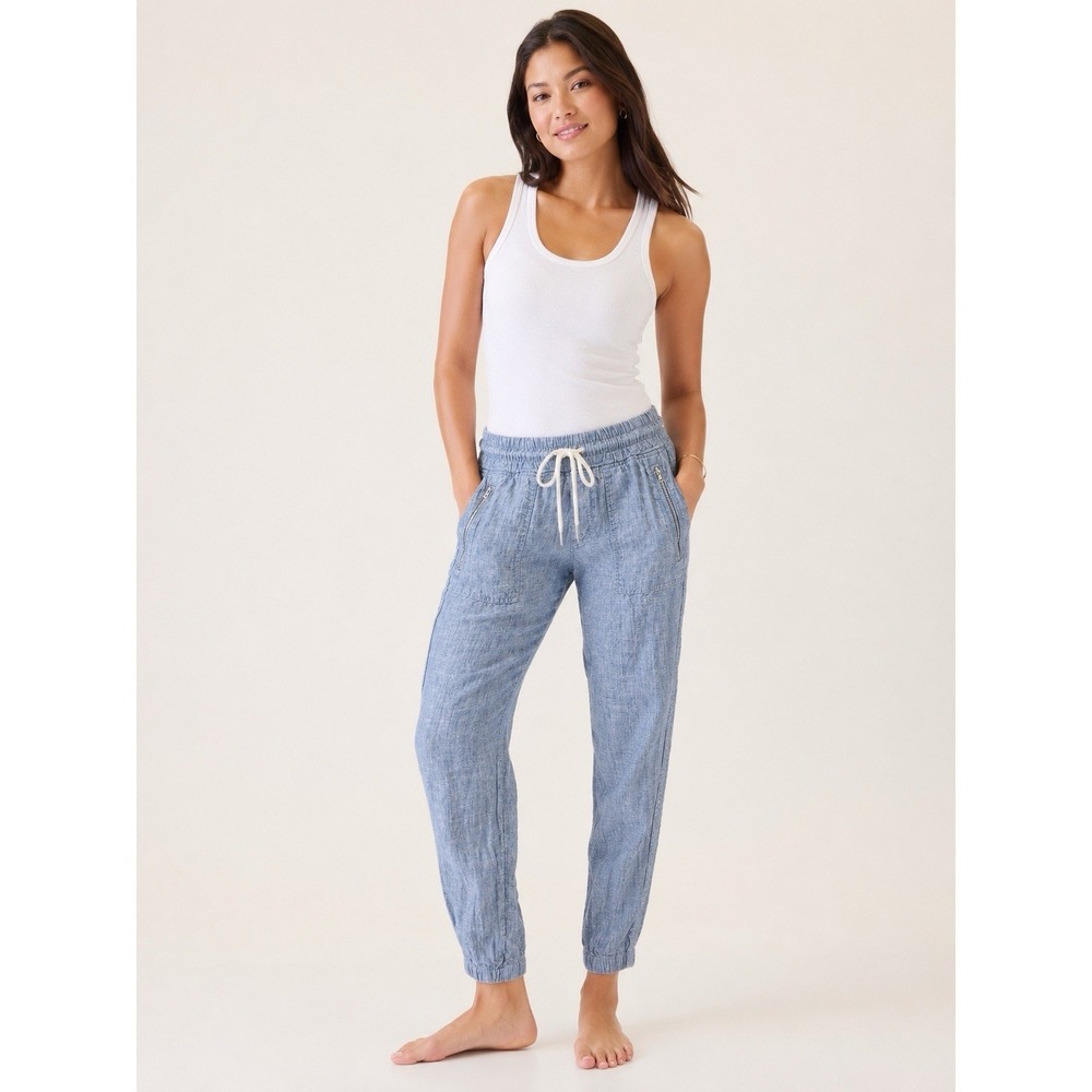Athleta Cabo Linen Jogger Pants Blue Chambray Drawstring Size 8 100% Linen